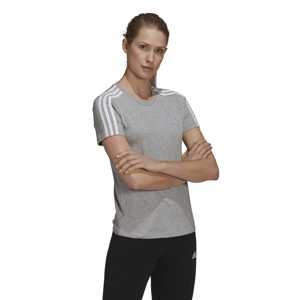 ADIDAS WOMEN'S LOUNGEWEAR ESSENTIALS SLIM 3-STRIPES GREY TEE