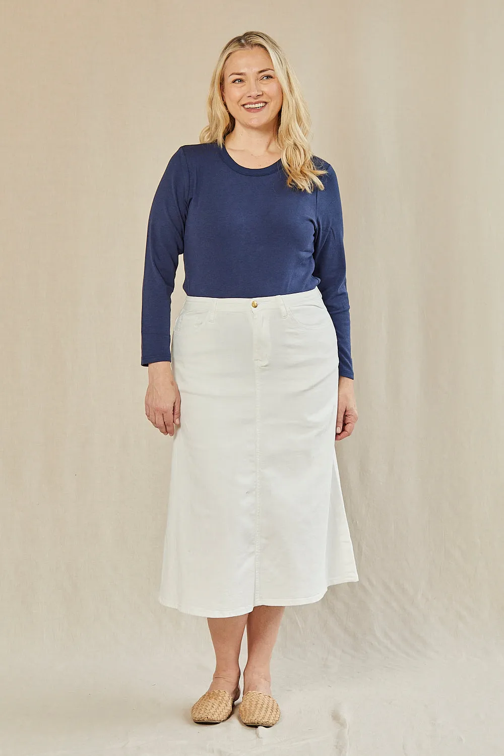 Adrift Denim A-Line Skirt in White