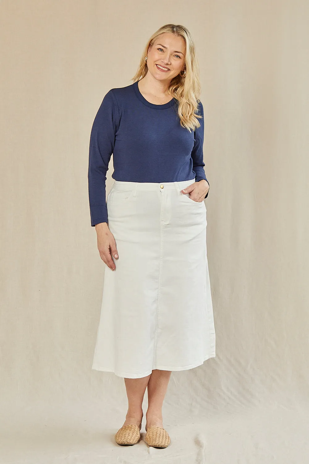 Adrift Denim A-Line Skirt in White