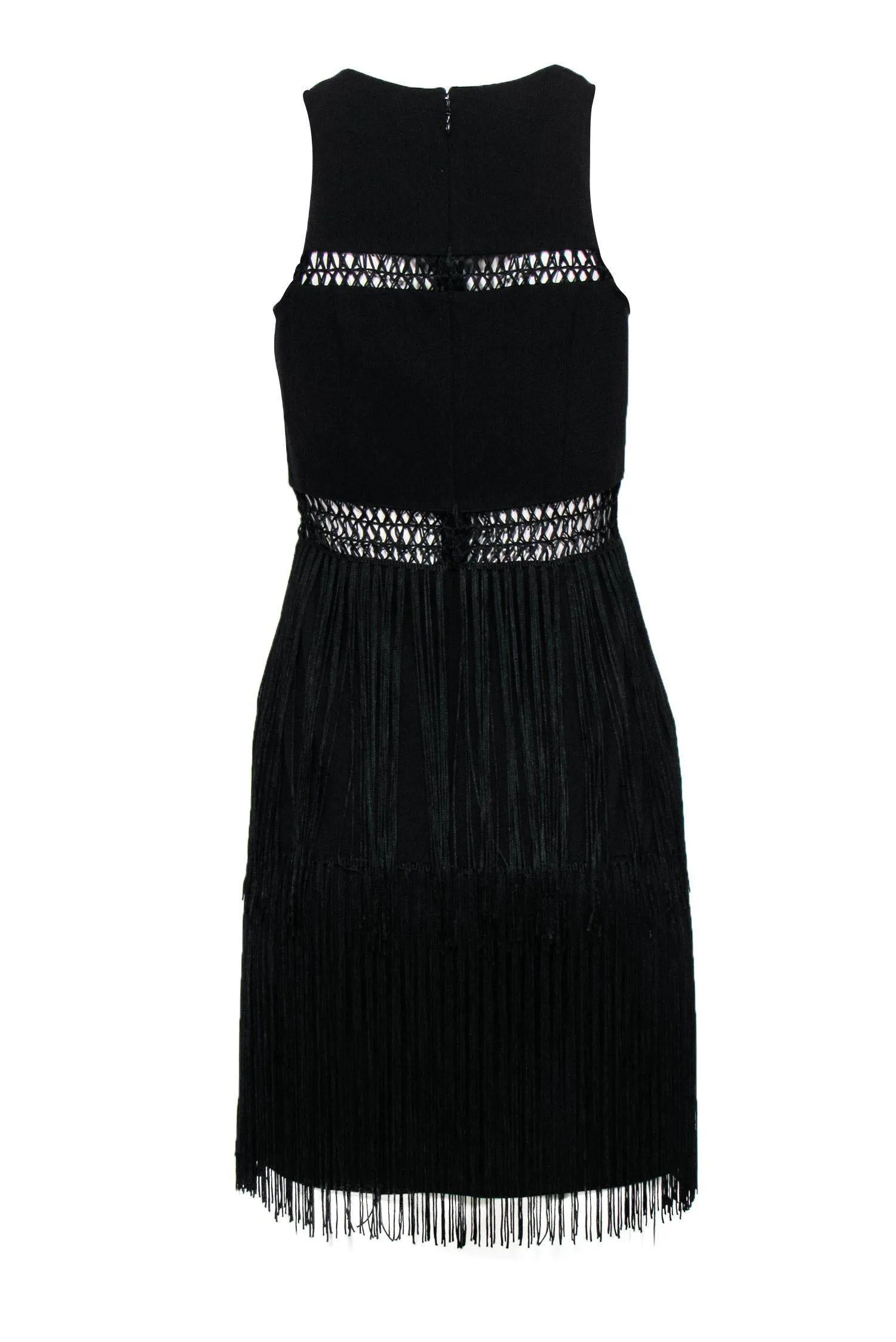 Aidan Mattox - Black Sleeveless Sheath Dress w/ Crochet Trim & Fringe Sz 4