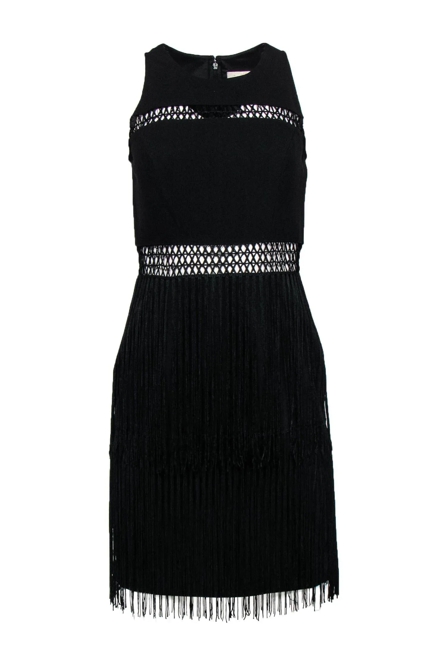 Aidan Mattox - Black Sleeveless Sheath Dress w/ Crochet Trim & Fringe Sz 4