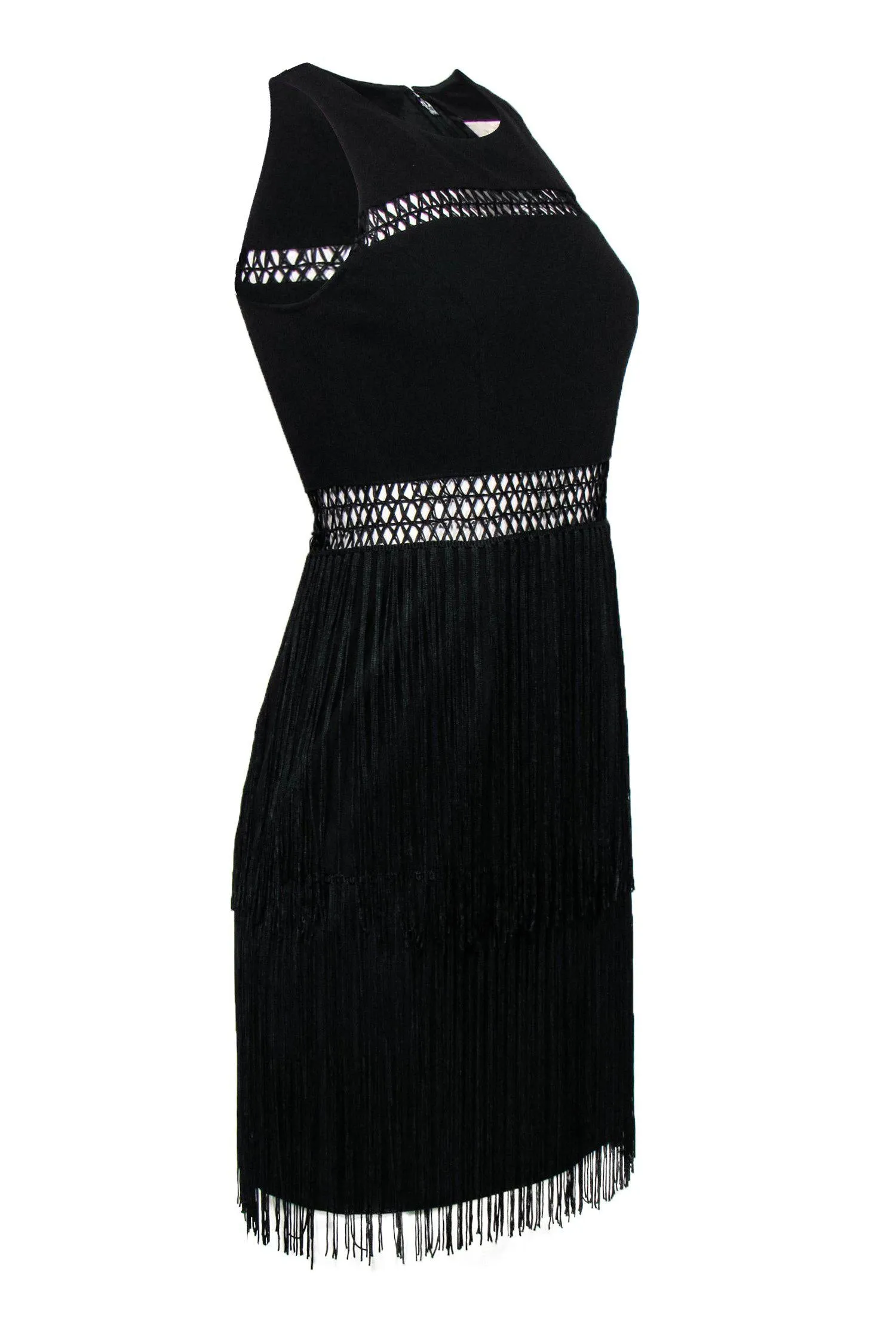 Aidan Mattox - Black Sleeveless Sheath Dress w/ Crochet Trim & Fringe Sz 4