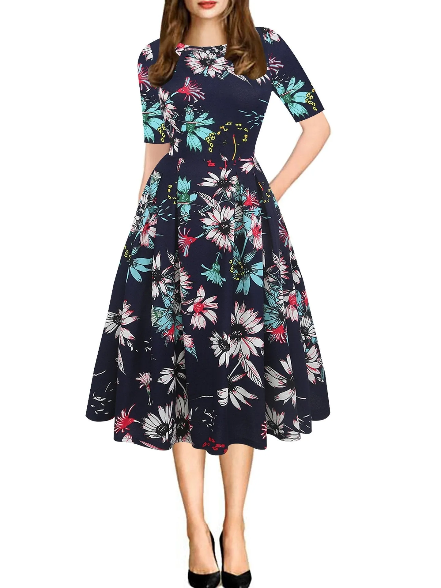 All-Over Floral Pleated A-Line Dress