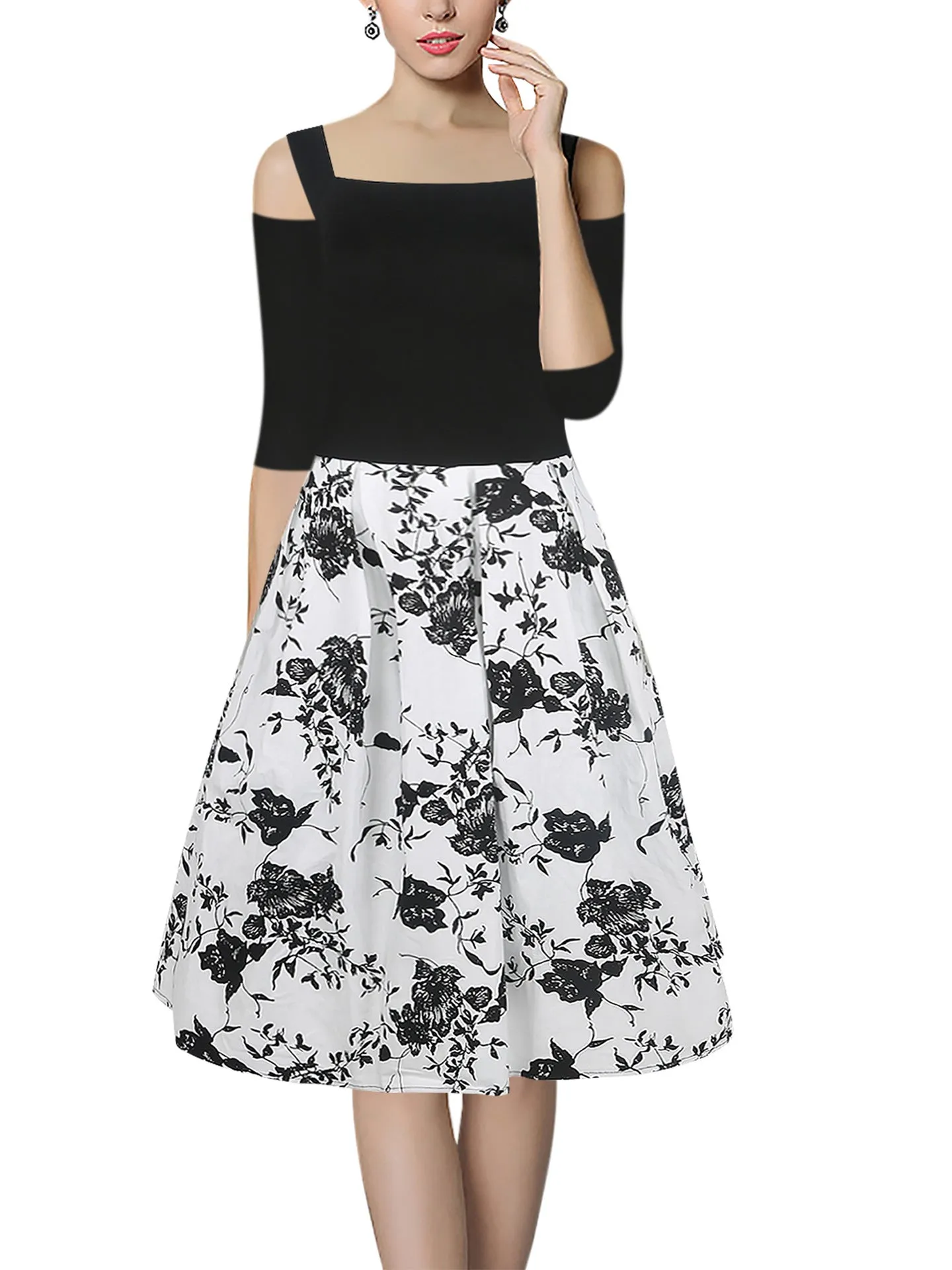 Black & White Floral Cutout Dress