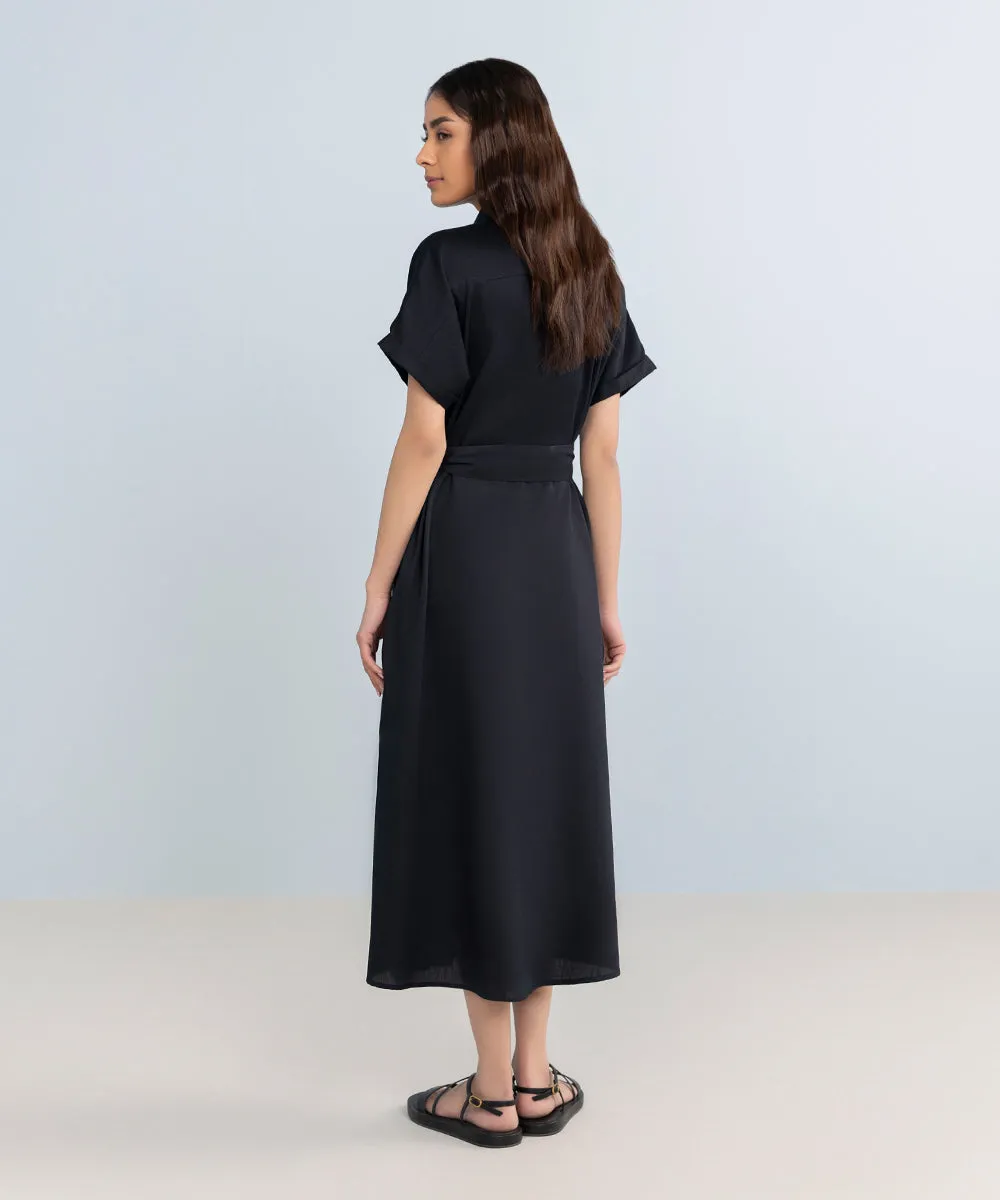 Black Cotton Dress With Belt