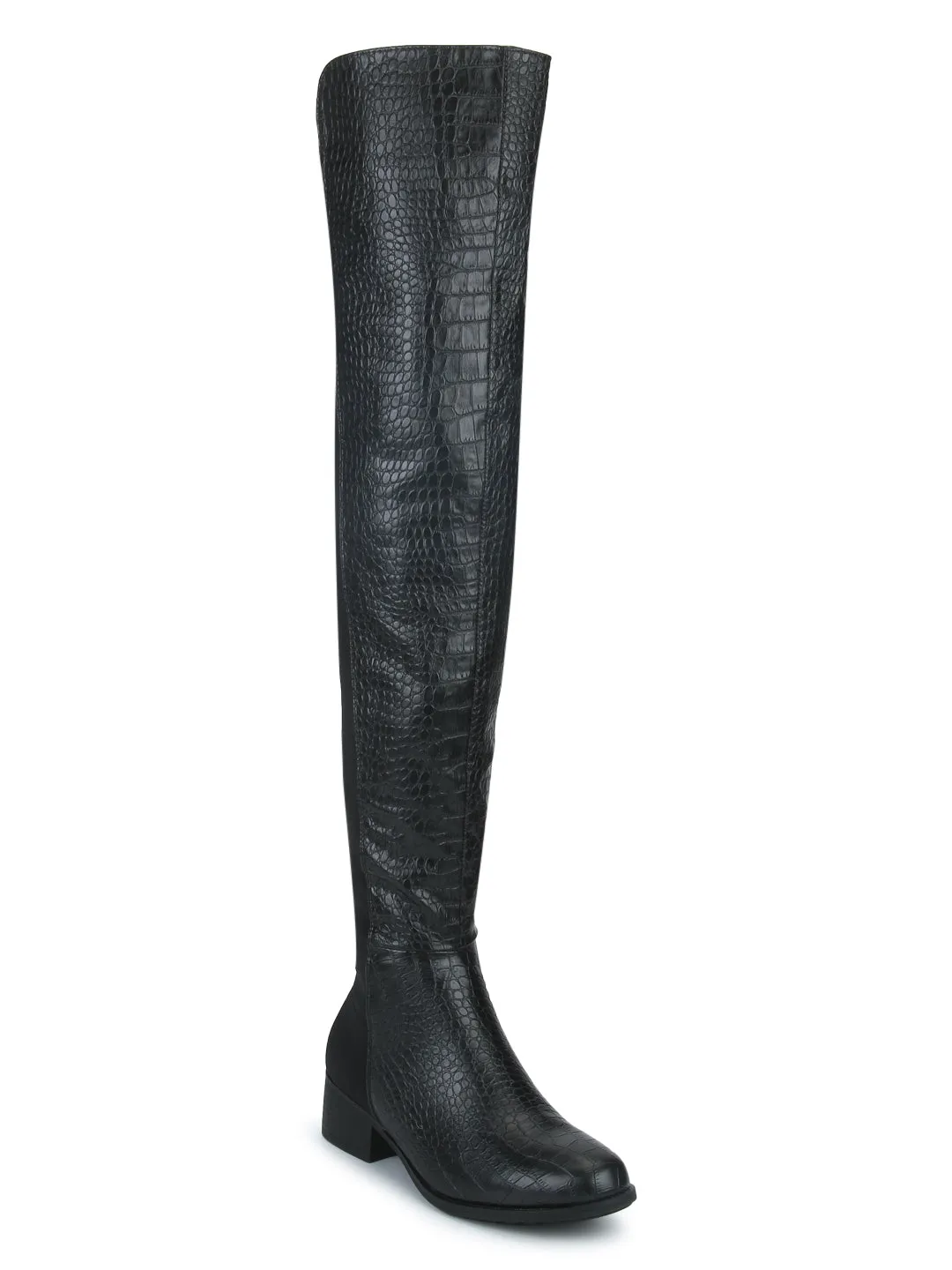 Black Croc Double Shade Thigh High Long Boots