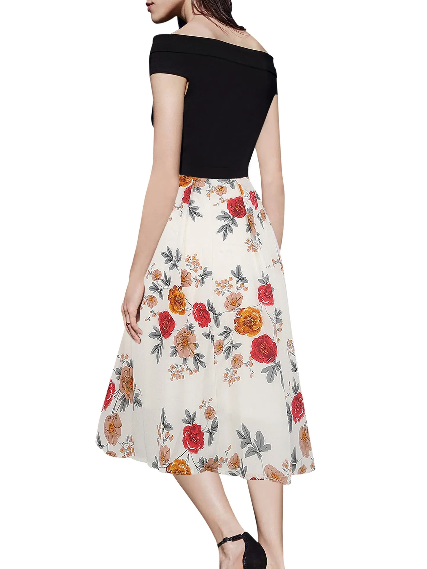 Black Floral Contrast Off-Shoulder Dress