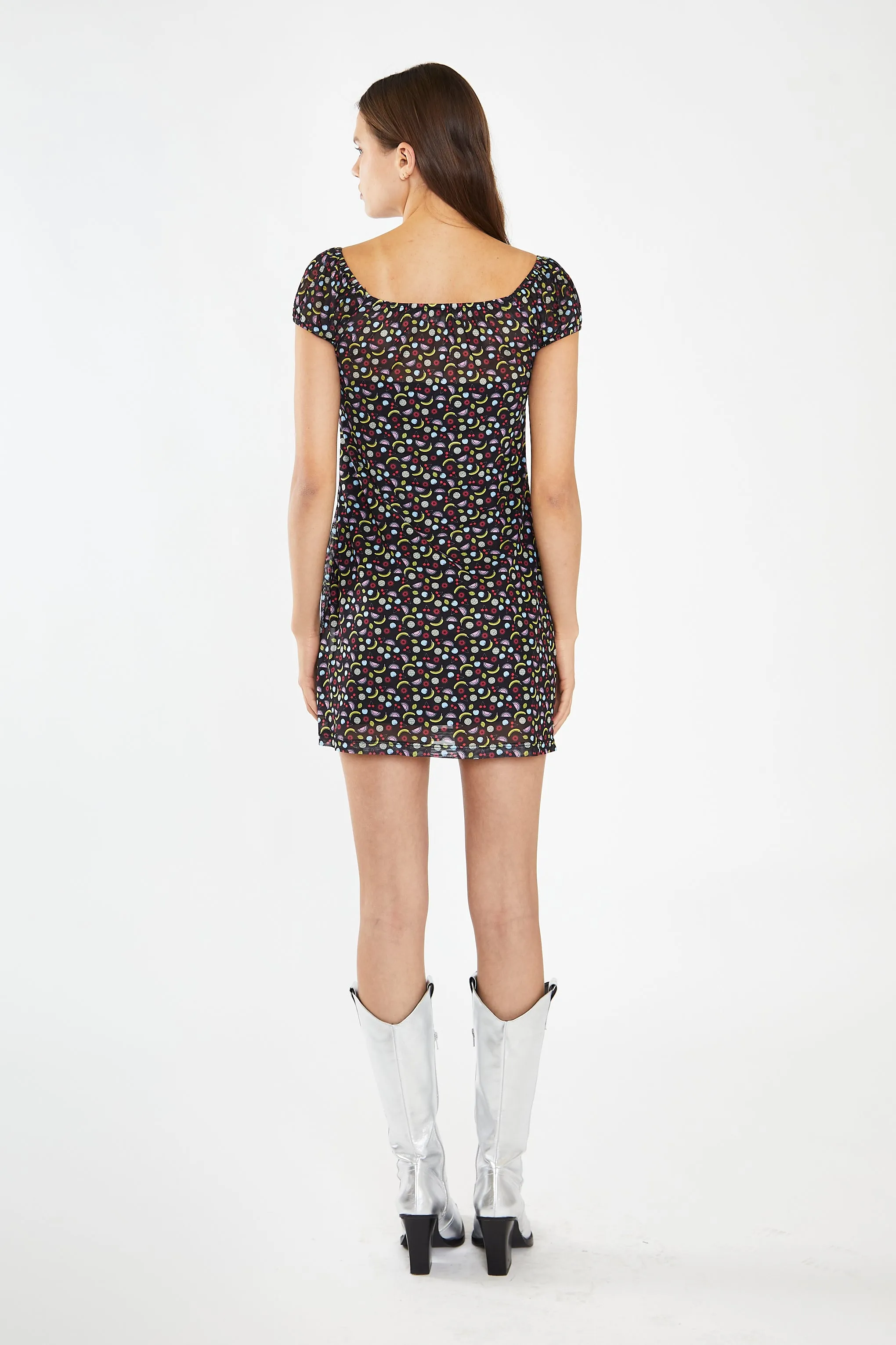 Black Fruit-Print Mesh Milkmaid Mini-Dress