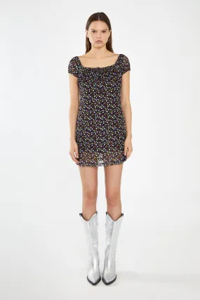 Black Fruit-Print Mesh Milkmaid Mini-Dress