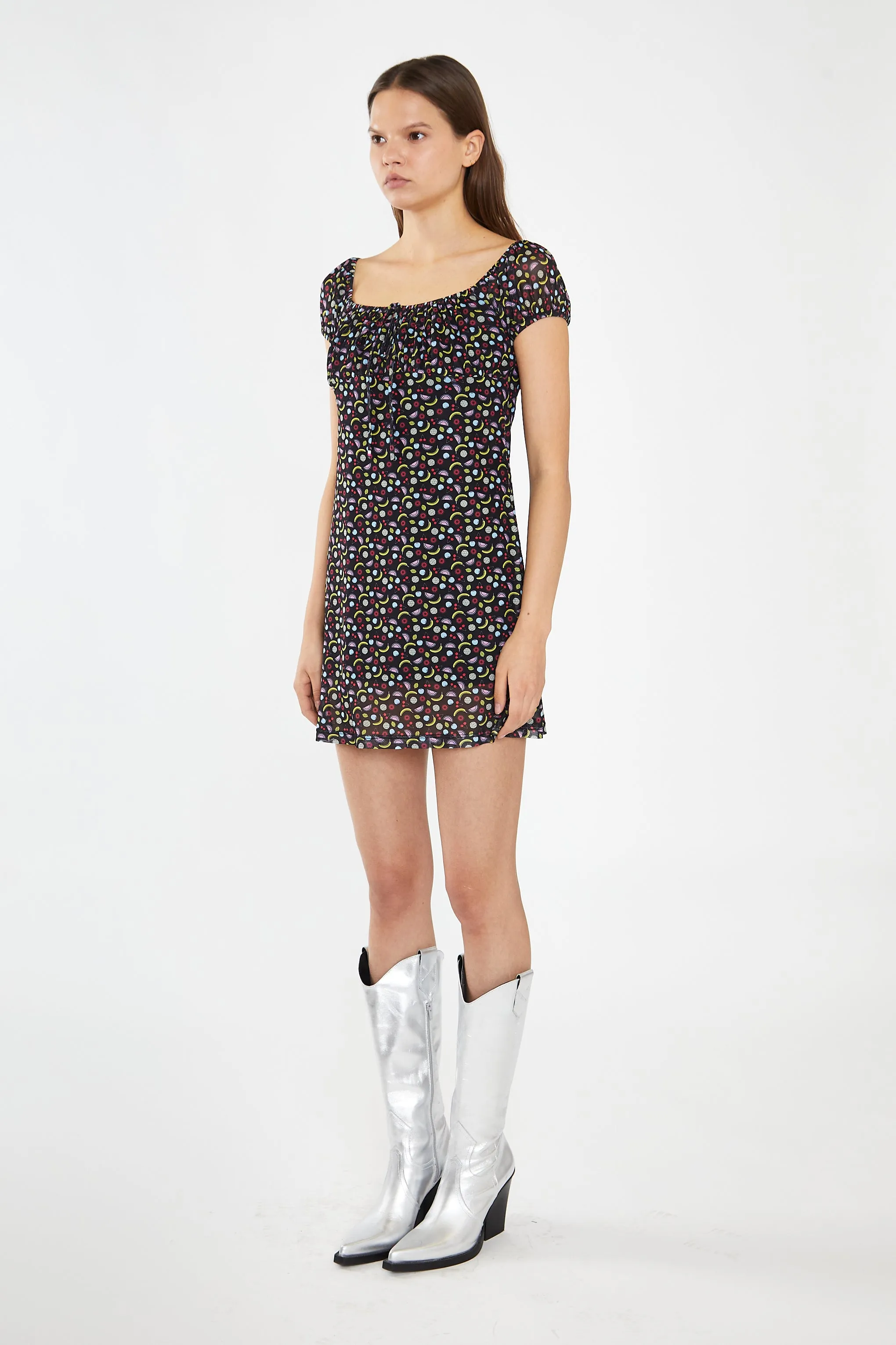 Black Fruit-Print Mesh Milkmaid Mini-Dress