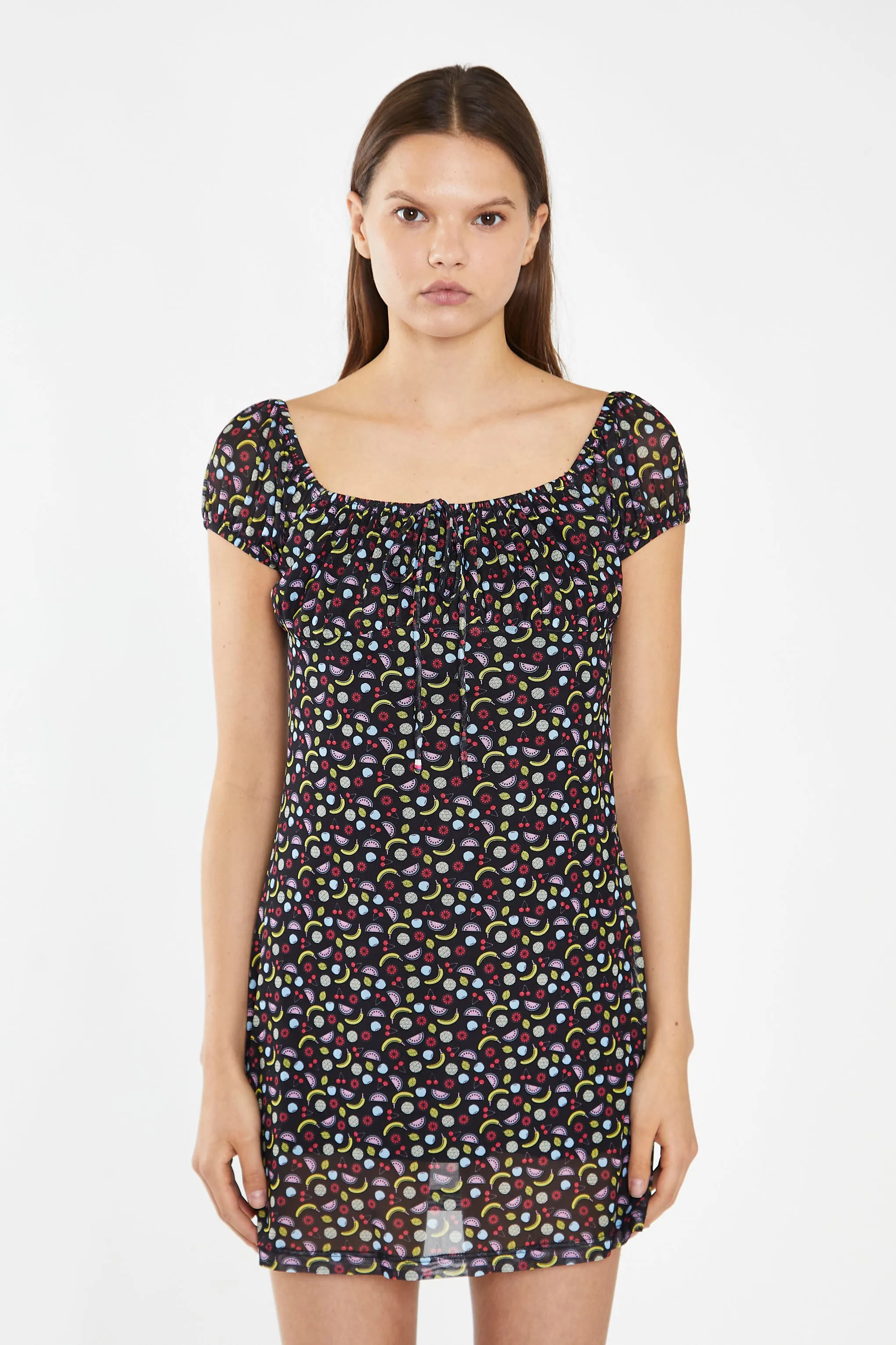 Black Fruit-Print Mesh Milkmaid Mini-Dress