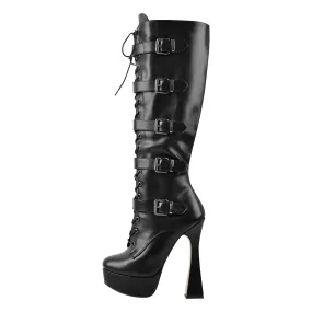 Black Round Toe Platform Belt Lace Zipper High Heel Boots