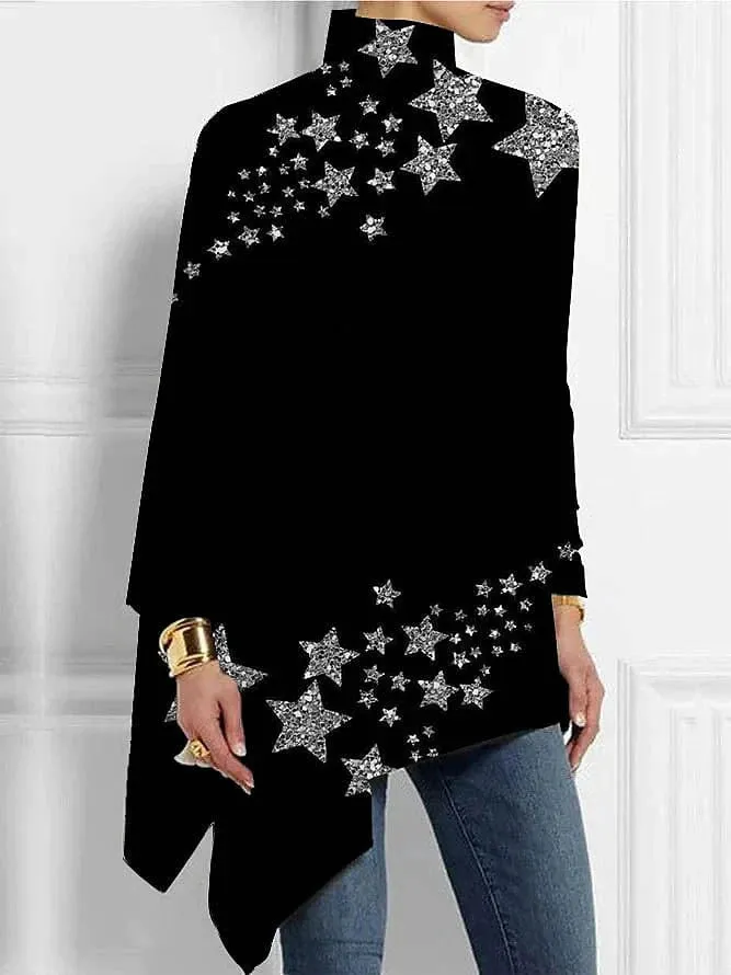 Butterfly Star Print Plus Size Women's Turtleneck Blouse