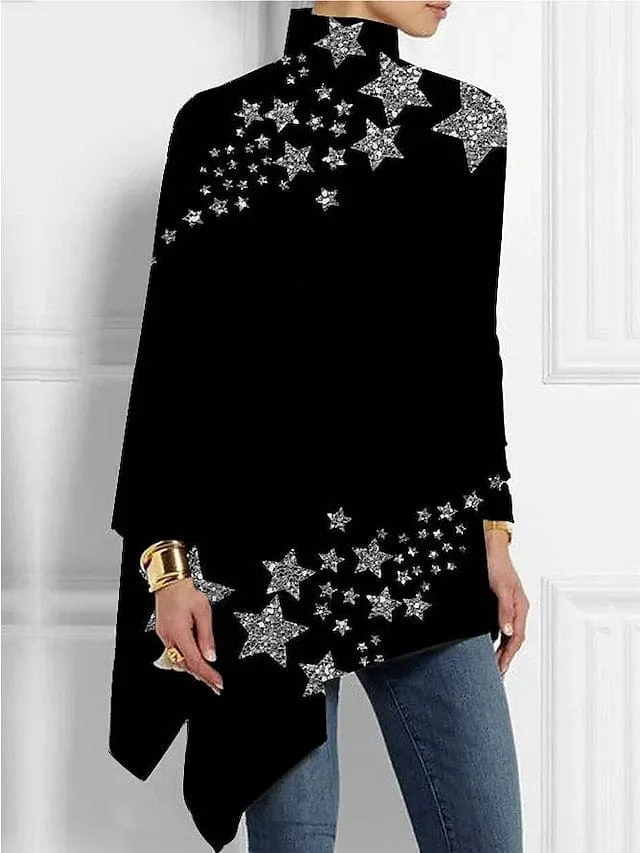 Butterfly Star Print Plus Size Women's Turtleneck Blouse