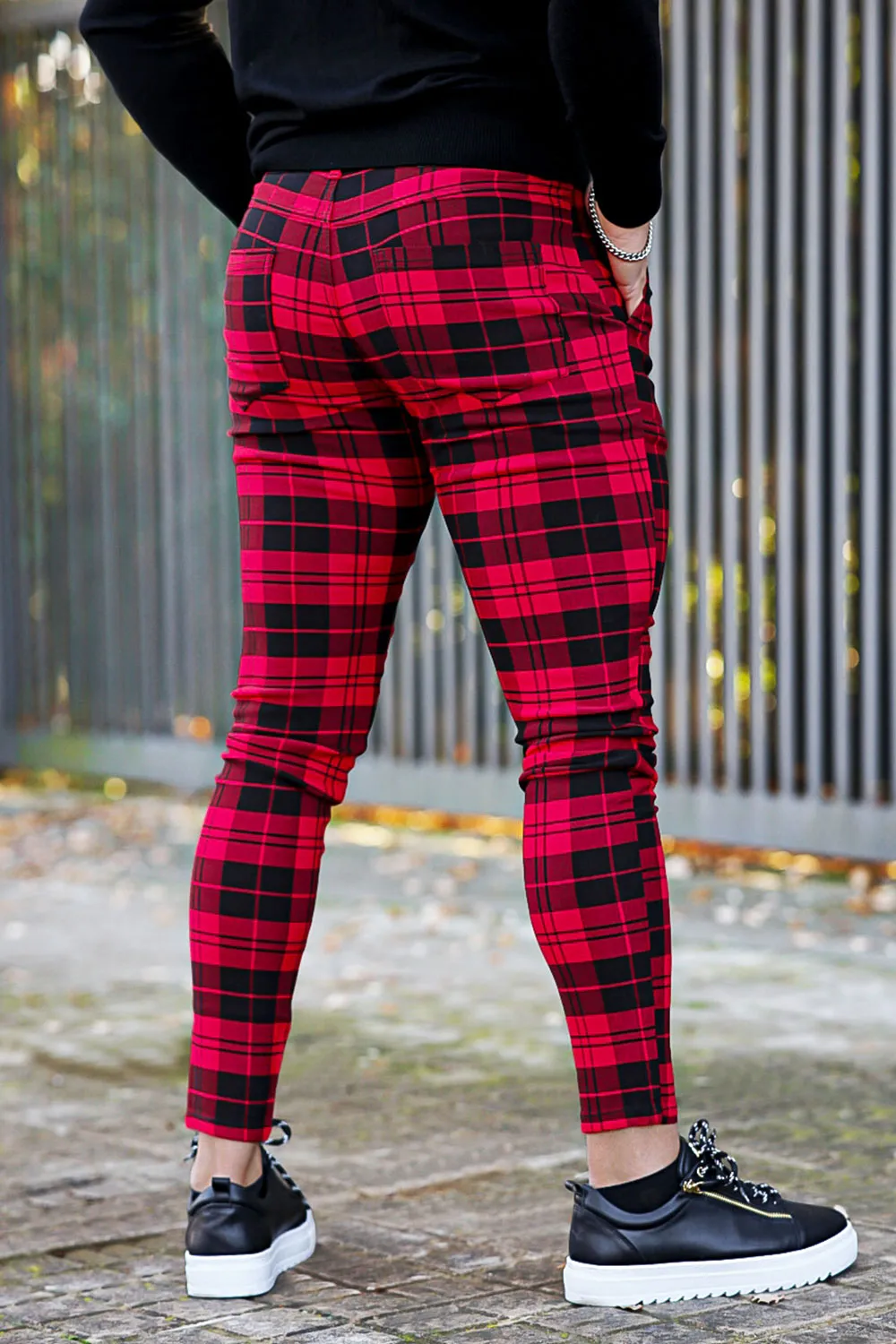 Buy $80 Free Shipping Red And Black Plaid Skinny Pants