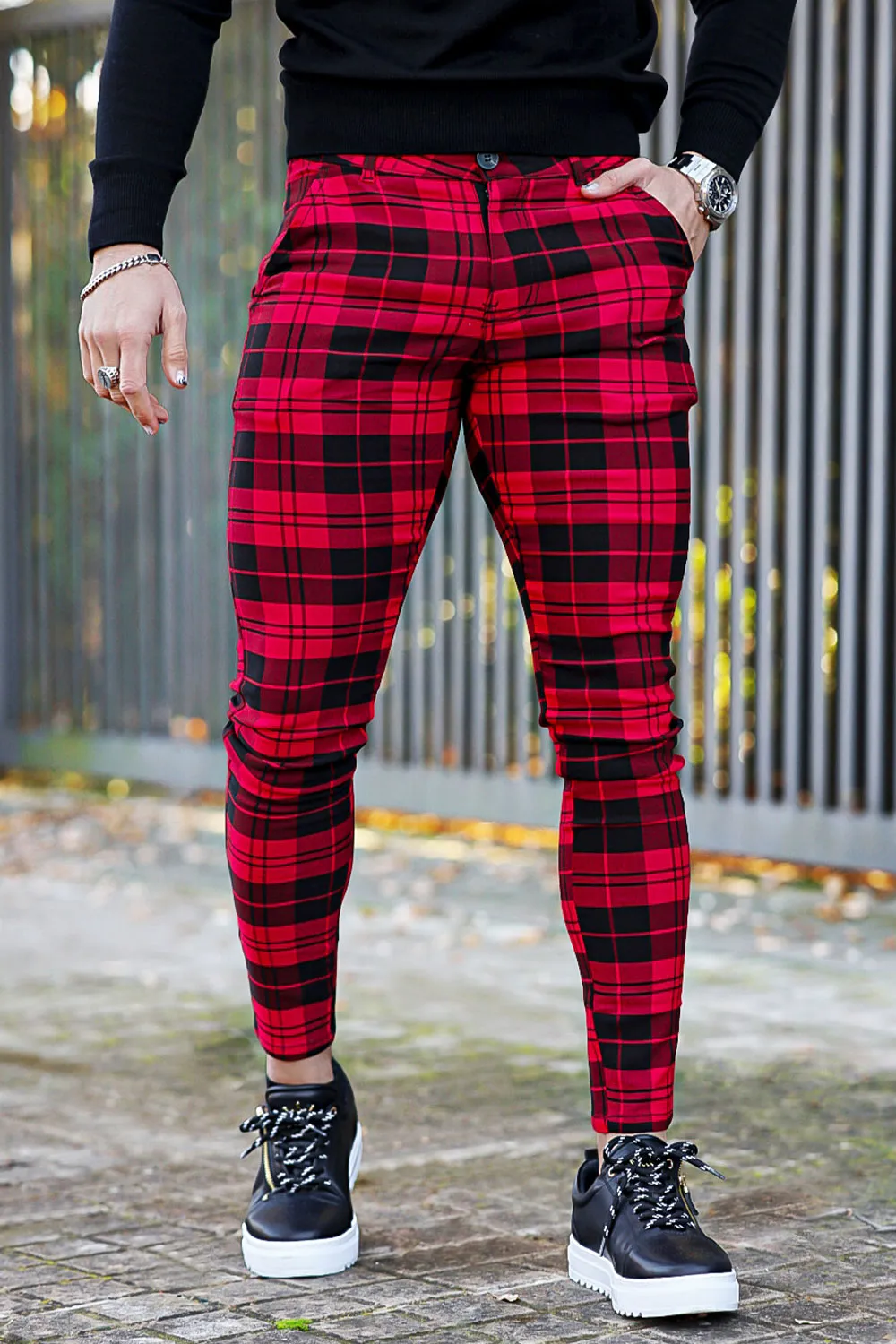 Buy $80 Free Shipping Red And Black Plaid Skinny Pants