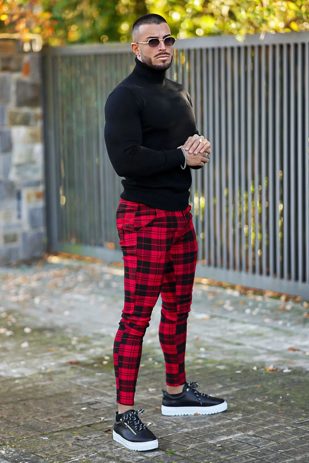 Buy $80 Free Shipping Red And Black Plaid Skinny Pants