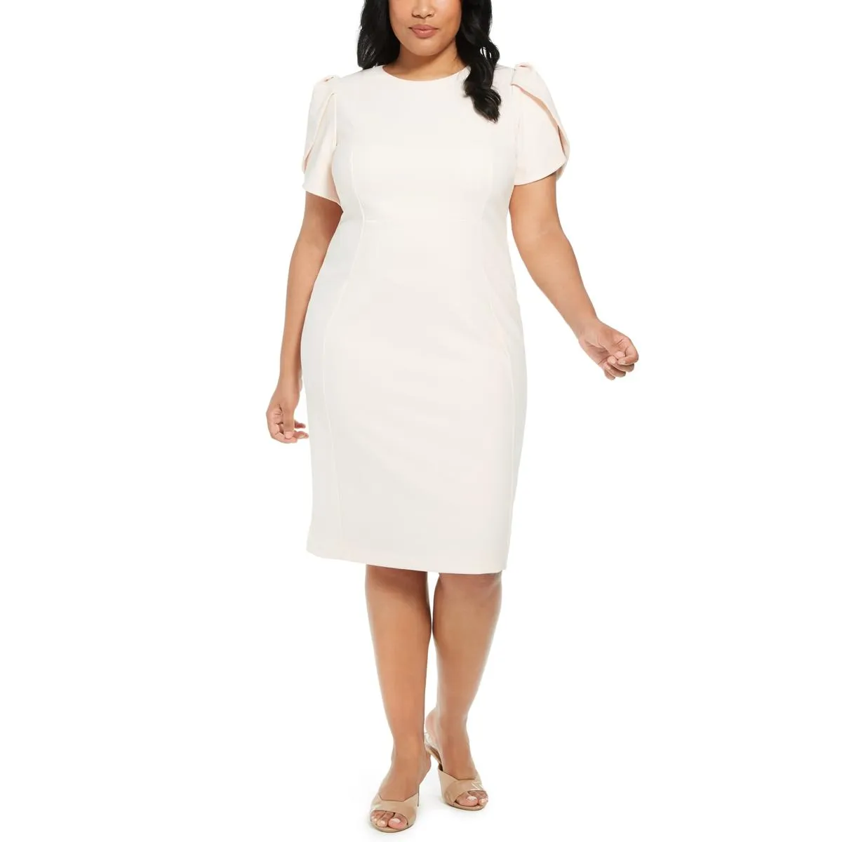 Calvin Klein Womens Plus Panel Tulip Sleeves Sheath Dress