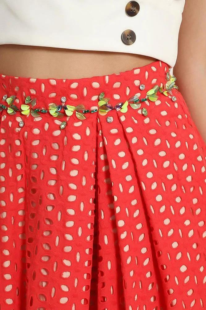 Coral Red Perforated Embellished Waist Skirt