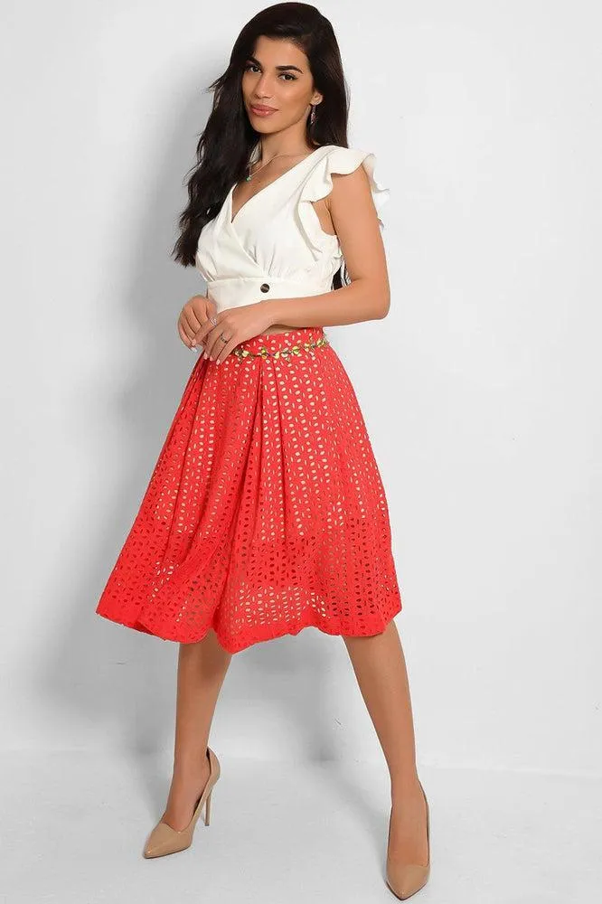 Coral Red Perforated Embellished Waist Skirt