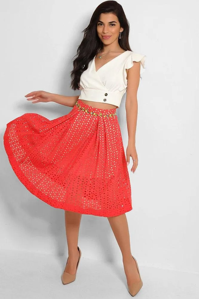 Coral Red Perforated Embellished Waist Skirt