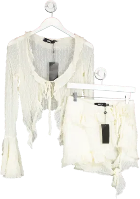 Ego Cream Long Sleeve Tie Front Top And Wrap Skirt Set UK 14