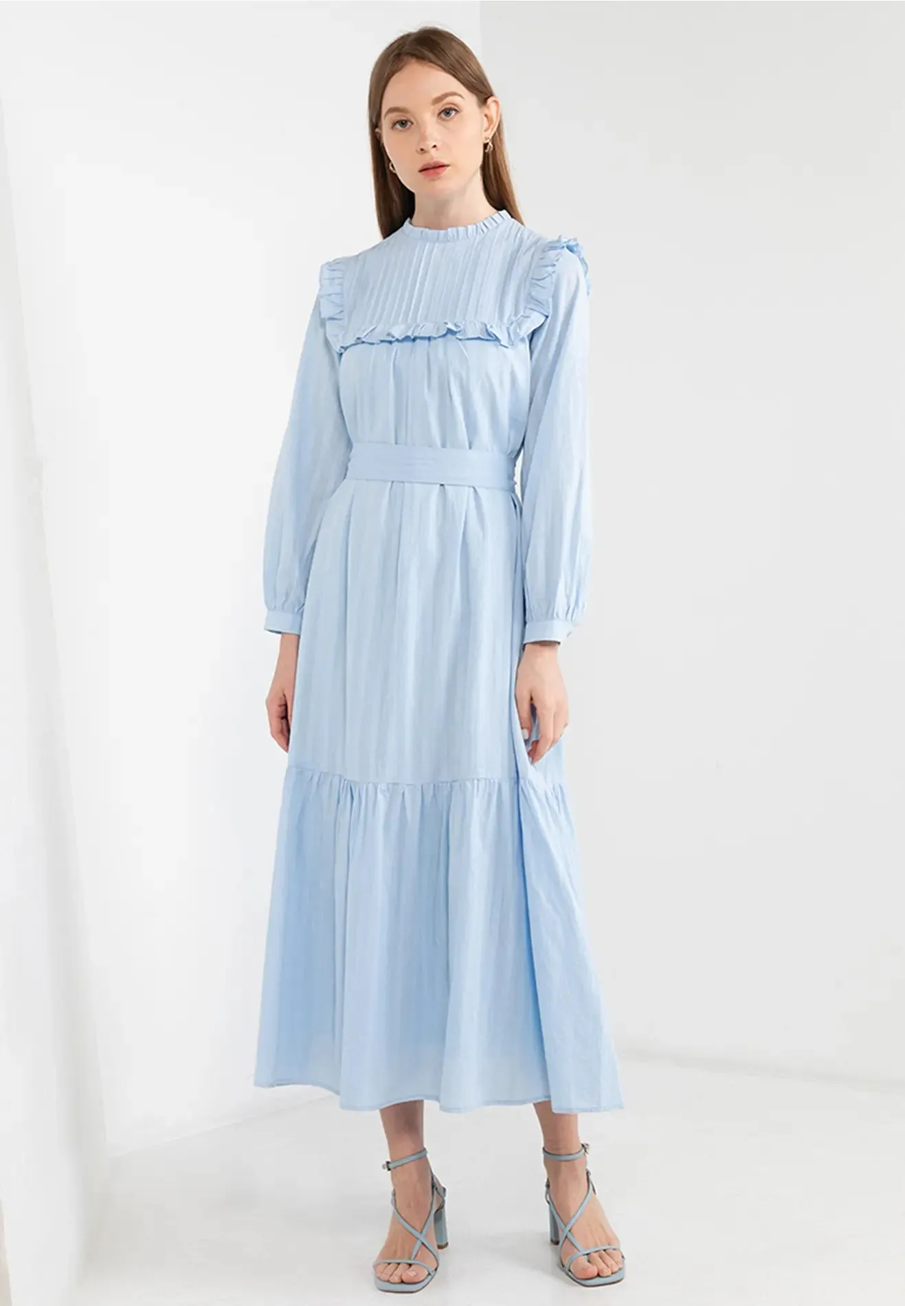 ELLE Apparel Belted Ruffle Trimmed Maxi Dress