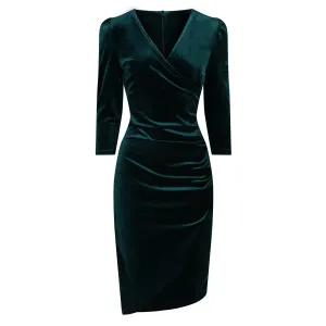 Emerald Green Velour Wrapover 3/4 Sleeve Midi Dress