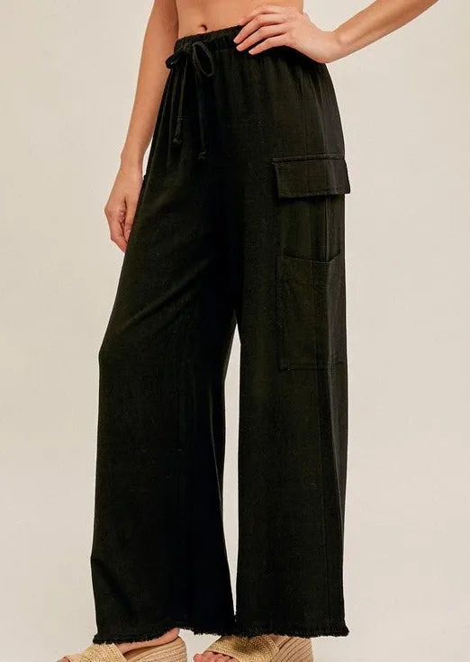 FINAL SALE - Black Cargo Fringe Hem Pants