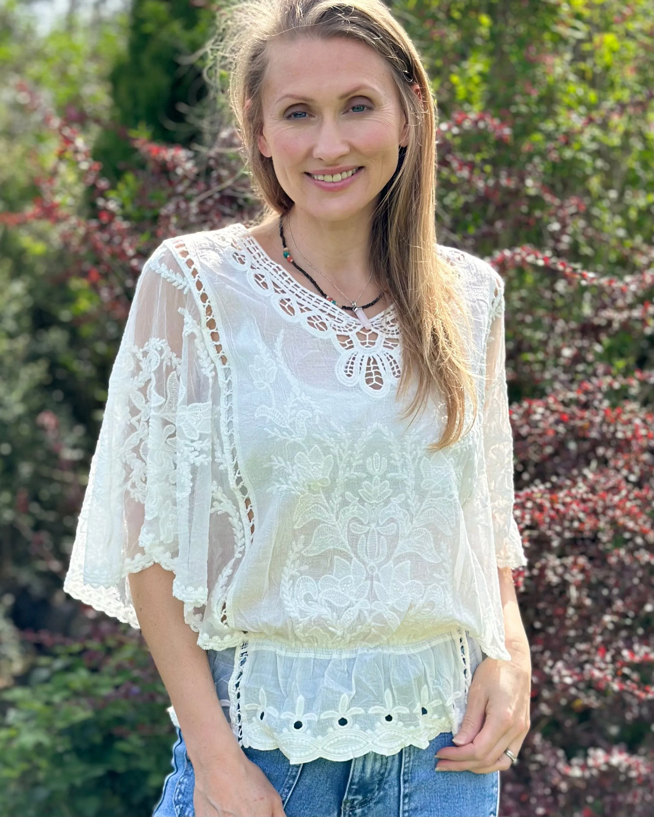 Floral Lace Butterfly Sleeve Top - Ivory