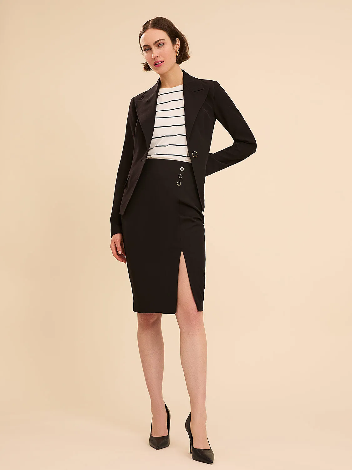 Front Slit Pencil Skirt With Button Detail