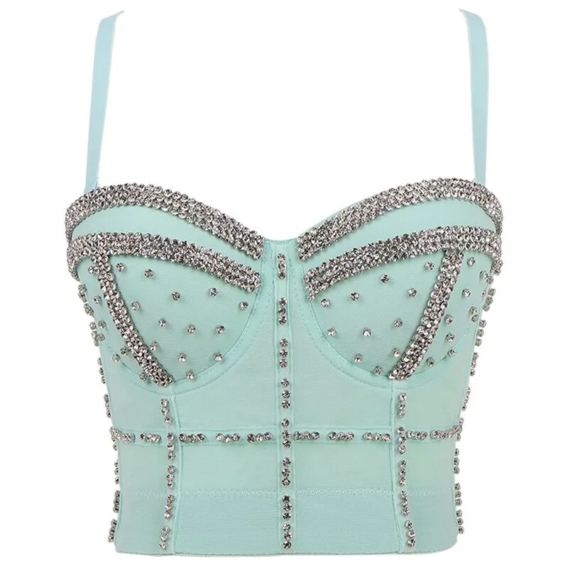 Full Beads Female Corset Top Camis Nightclub Rhinestones Sexy Short Chest Binder Camisole Women Mujer Push Up Tube Bra Debardeur