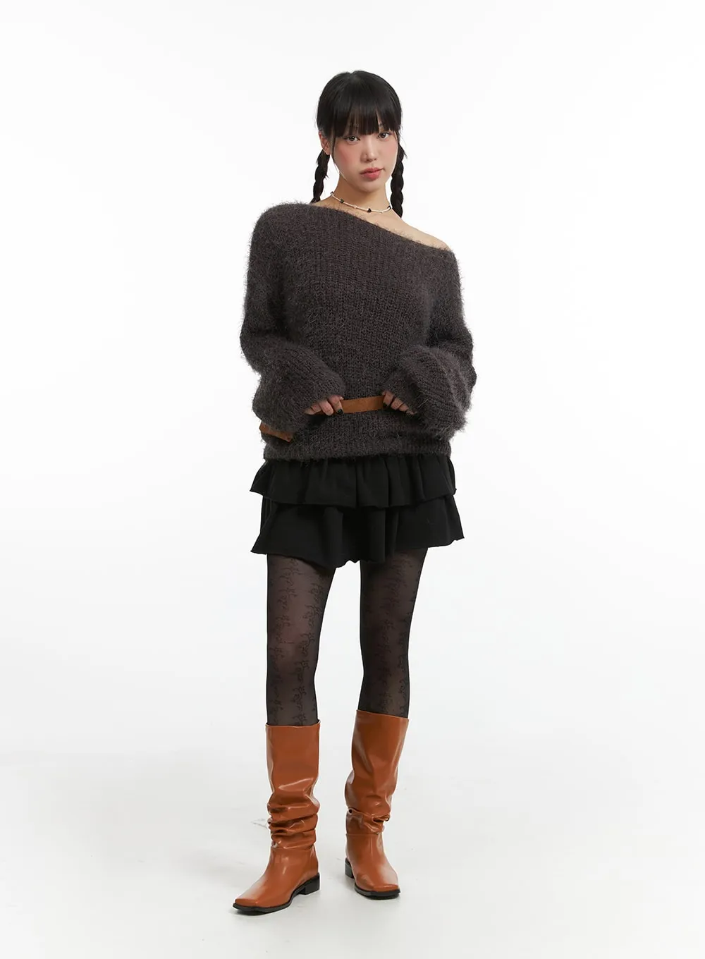 Fuzzy Boat Neck Knit Sweater IJ410