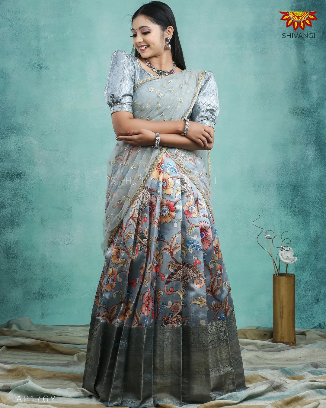 Girls Grey Floral Trumpet Half Saree !!!