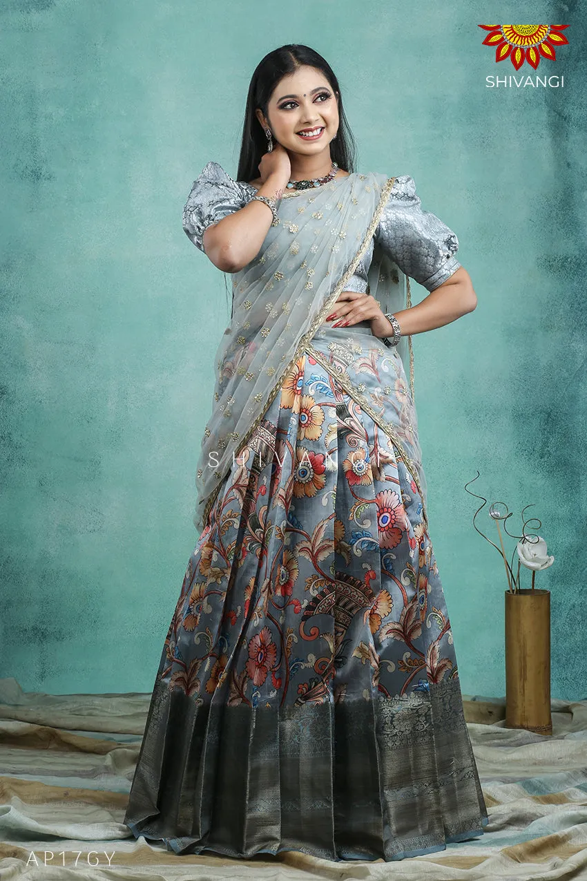 Girls Grey Floral Trumpet Half Saree !!!