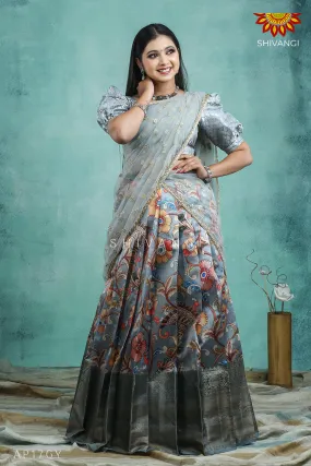 Girls Grey Floral Trumpet Half Saree !!!