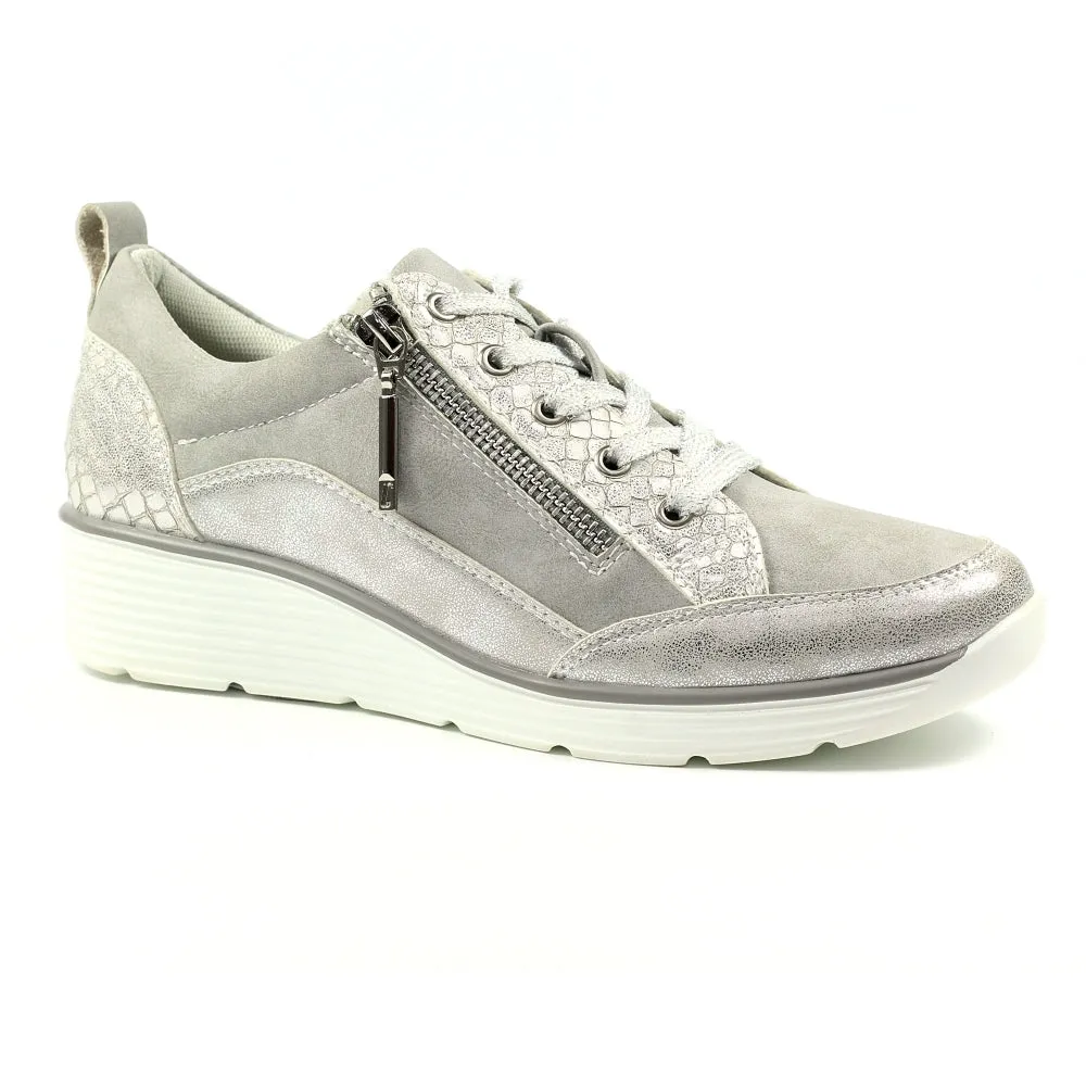 Ladies Lunar Shoes Kiley Trainer Silver Wedge Heel Laced Zip