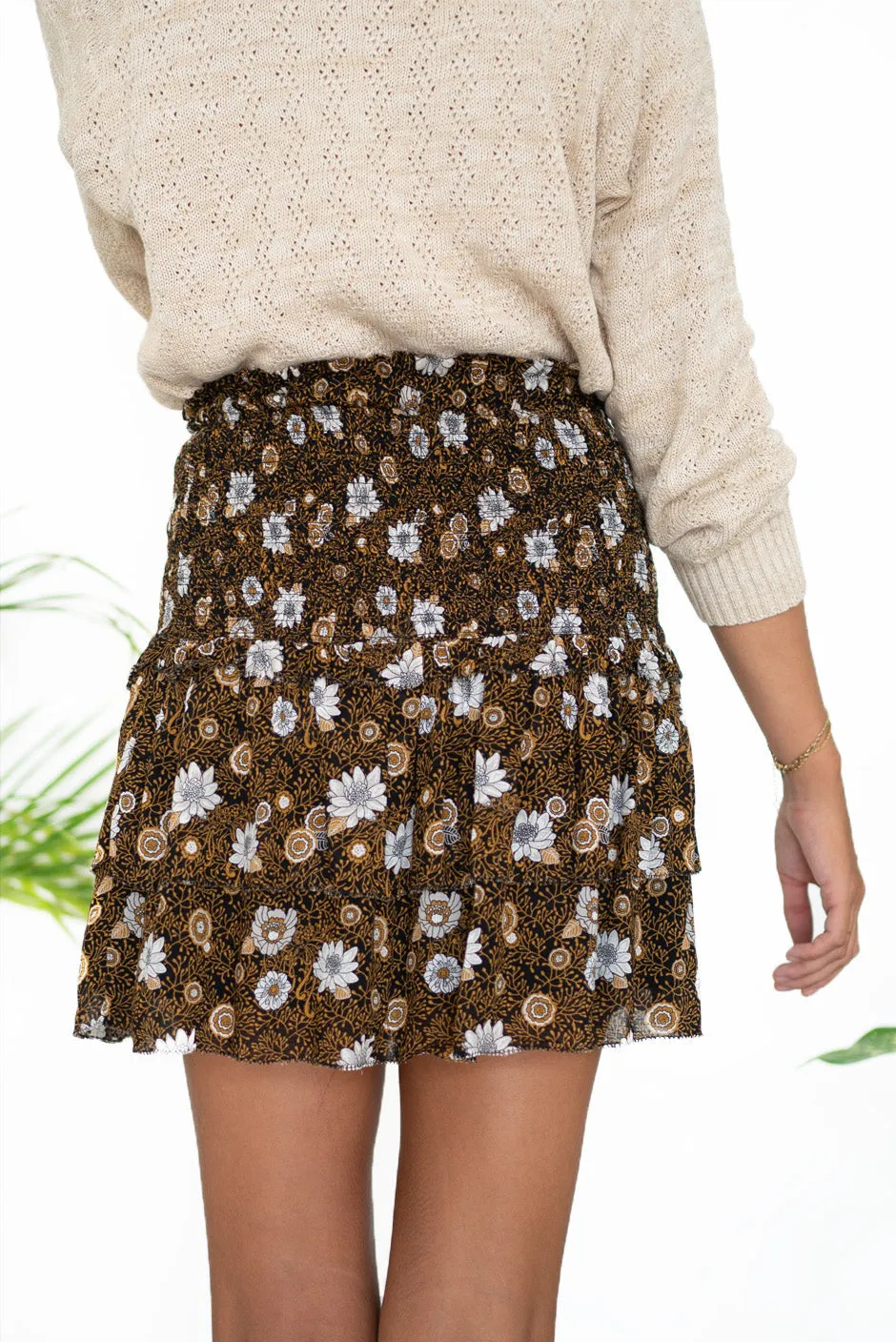 Lennon Smocked Mini Skirt in Black Dahlia