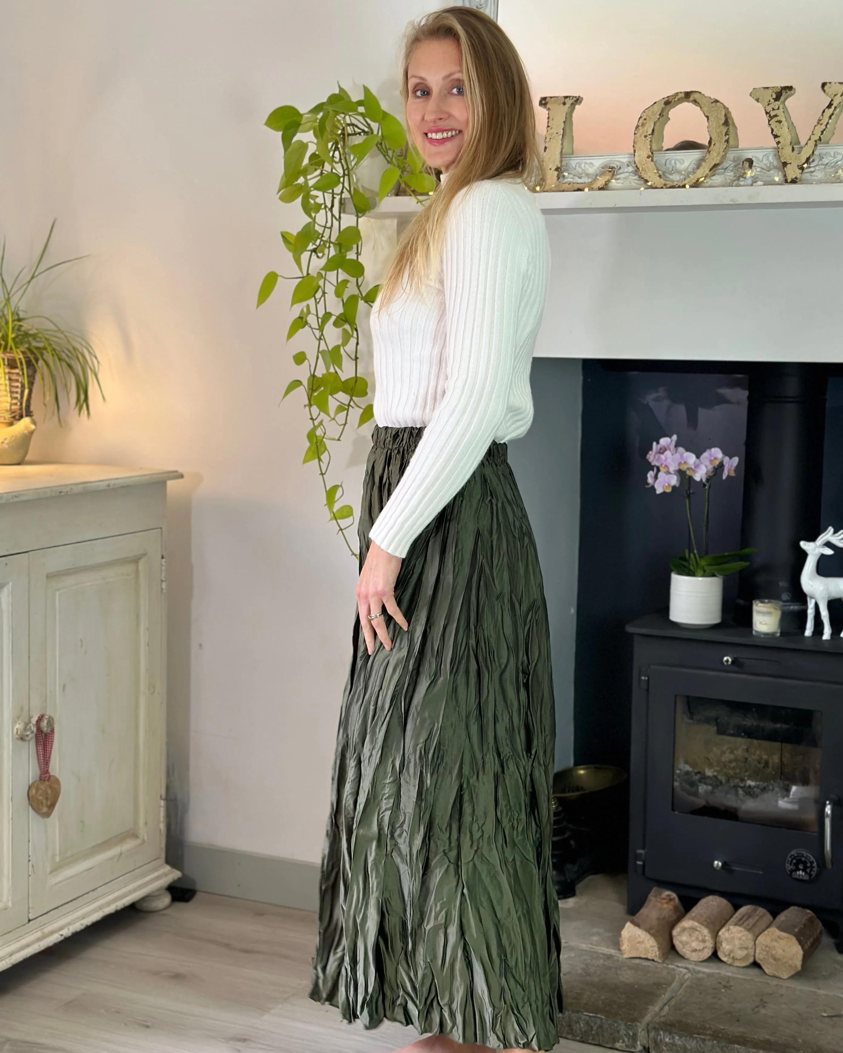 Long Crinkle Satin Skirt - Khaki