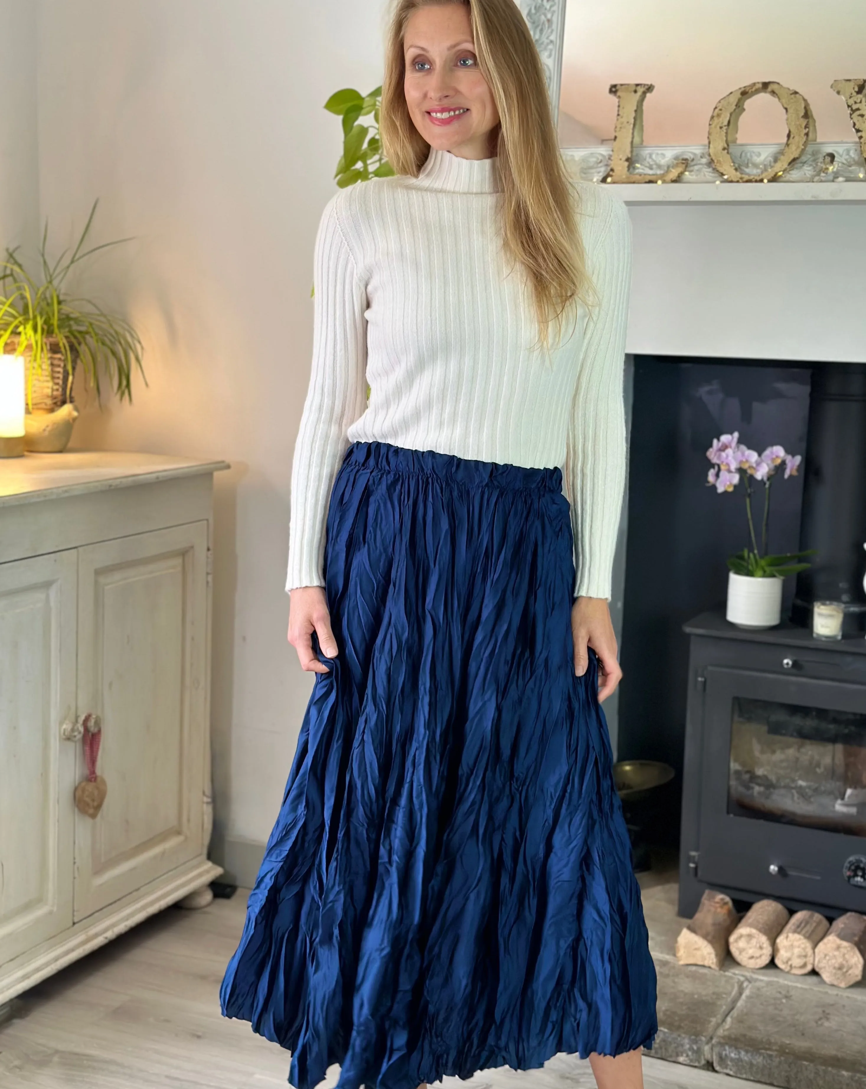 Long Crinkle Satin Skirt - Navy