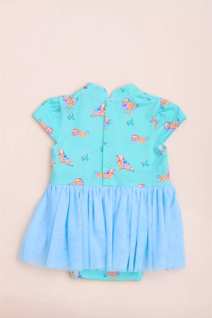 Mandarin-collared Tulle Onesie - Turquoise Mandarin Ducks