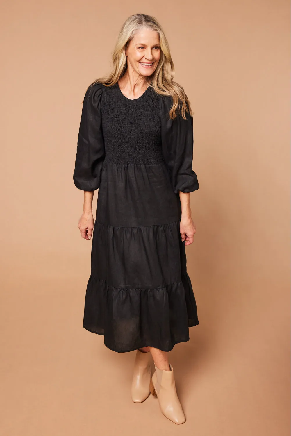 Minden Linen Long Sleeve Shirred Dress in Black