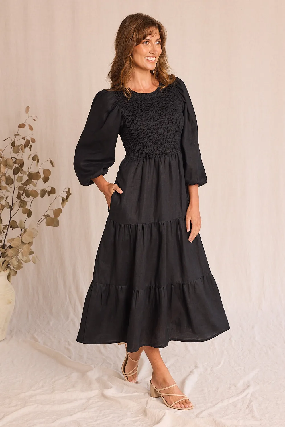 Minden Linen Long Sleeve Shirred Dress in Black