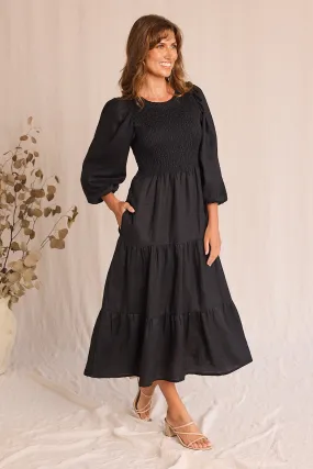 Minden Linen Long Sleeve Shirred Dress in Black