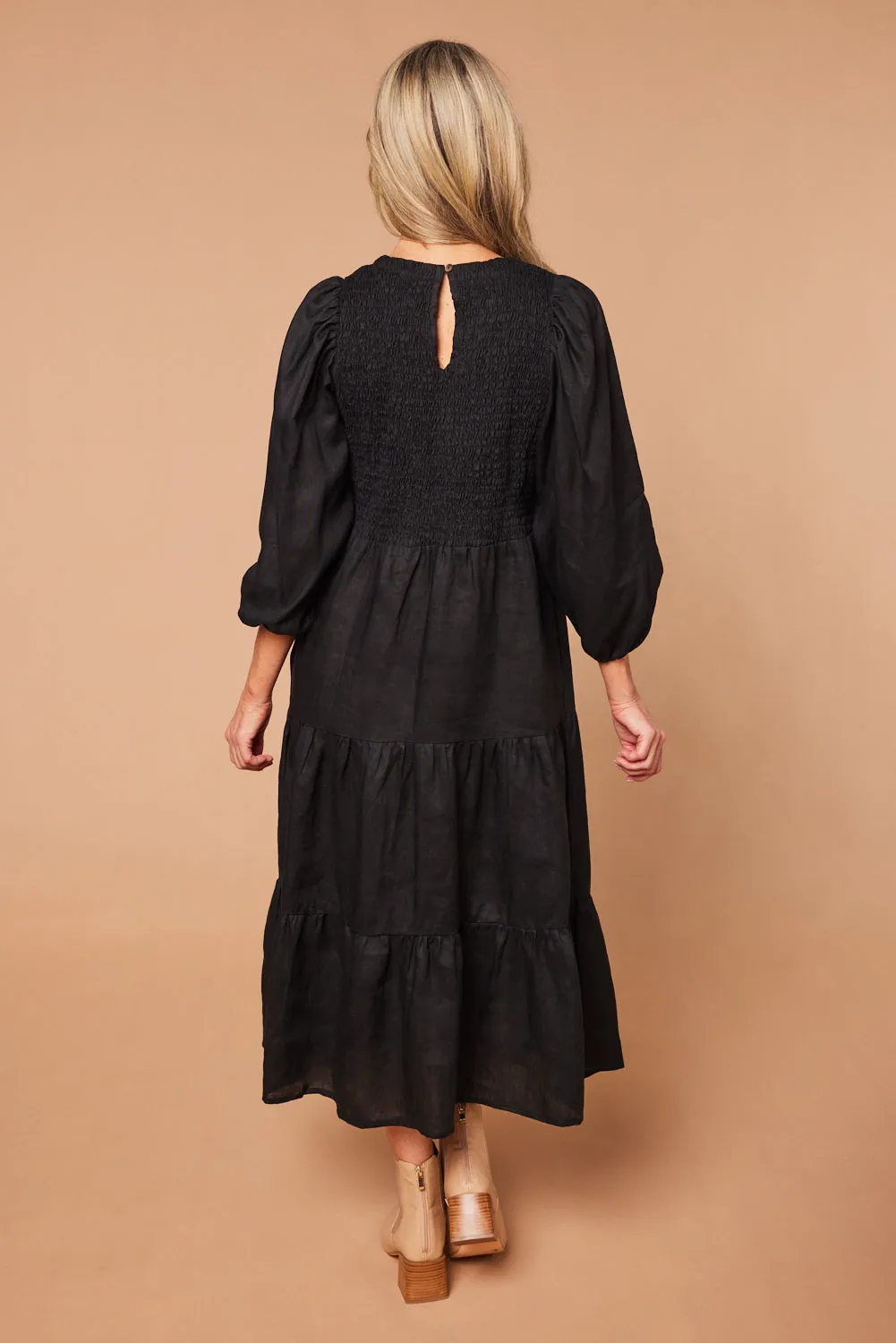 Minden Linen Long Sleeve Shirred Dress in Black