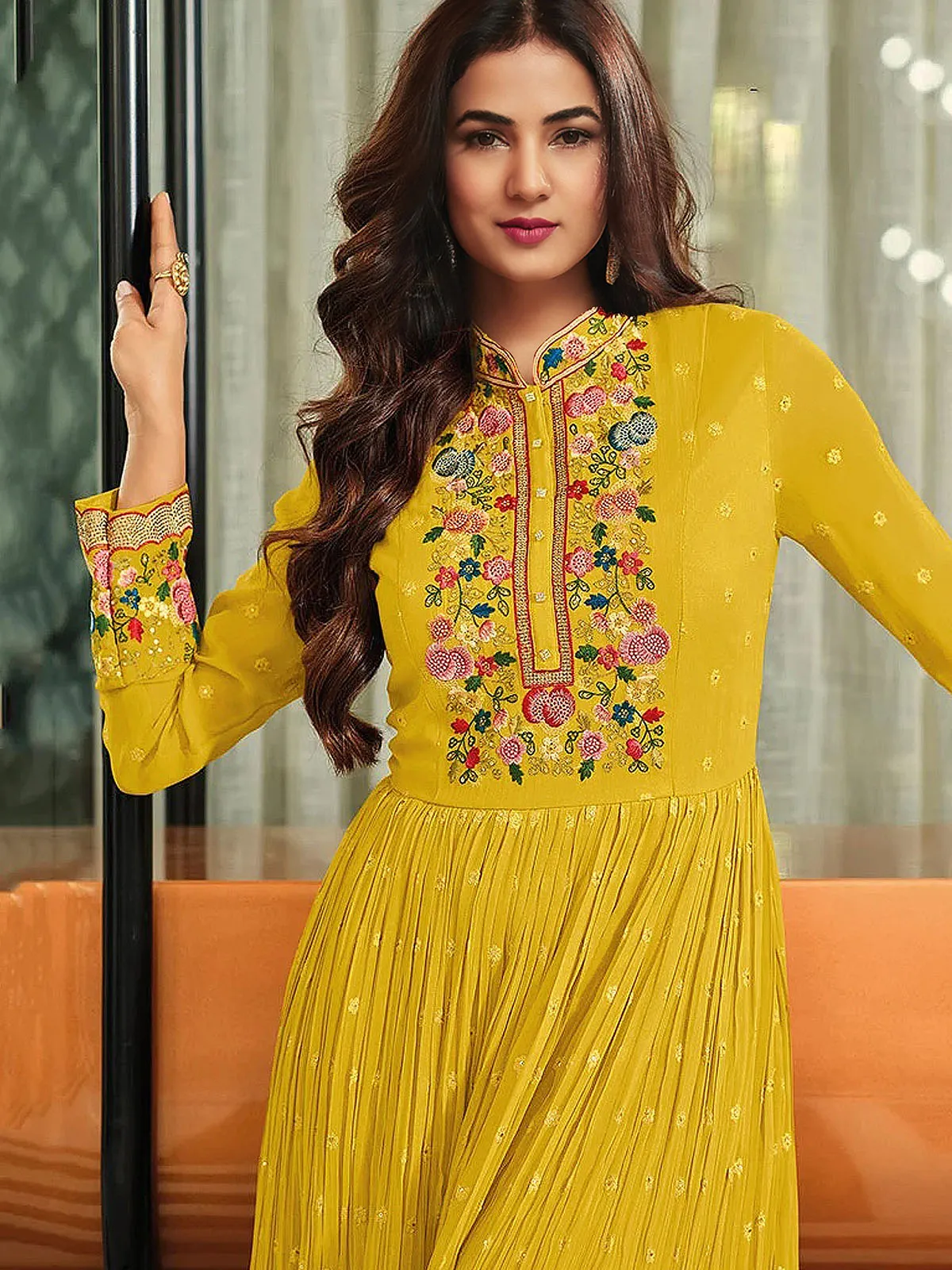 Odette Women Faux Georgette Party Wear Salwar Kameez In Yellow Semi Stitched Anarkali