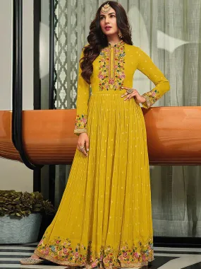 Odette Women Faux Georgette Party Wear Salwar Kameez In Yellow Semi Stitched Anarkali