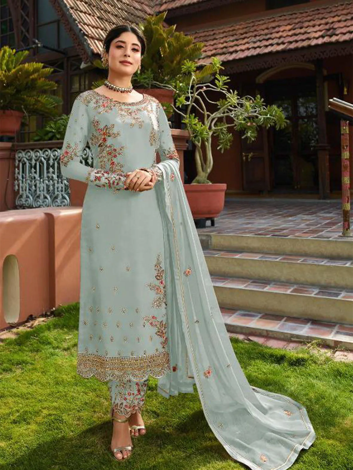 Odette Women Light Blue Color Georgette Straight Semi Stitched Salwar Kameez