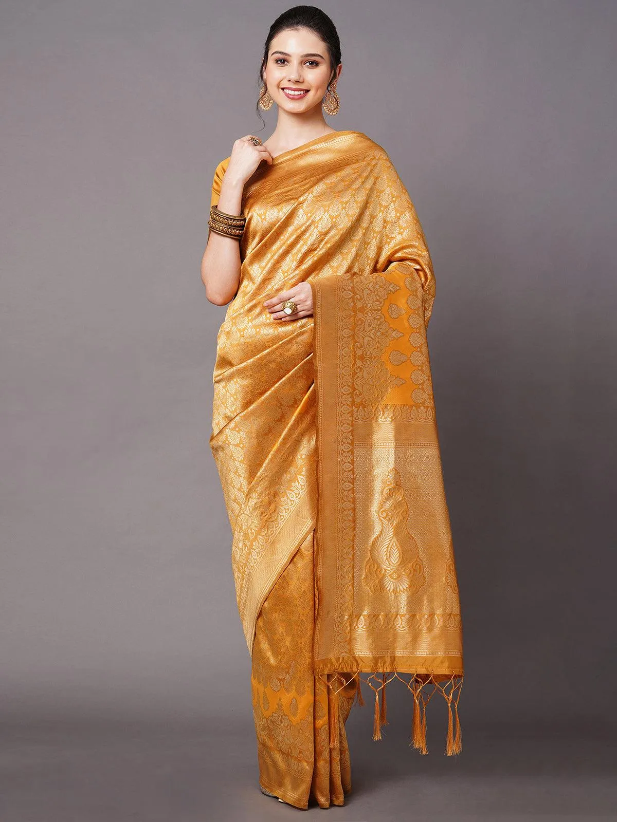 Odette Women Mustard Festive Silk Blend Woven Design Saree With Unstitched Blouse