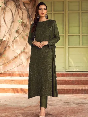 Odette Women Olive Green Embroidered Georgette Semi Stitched Suit